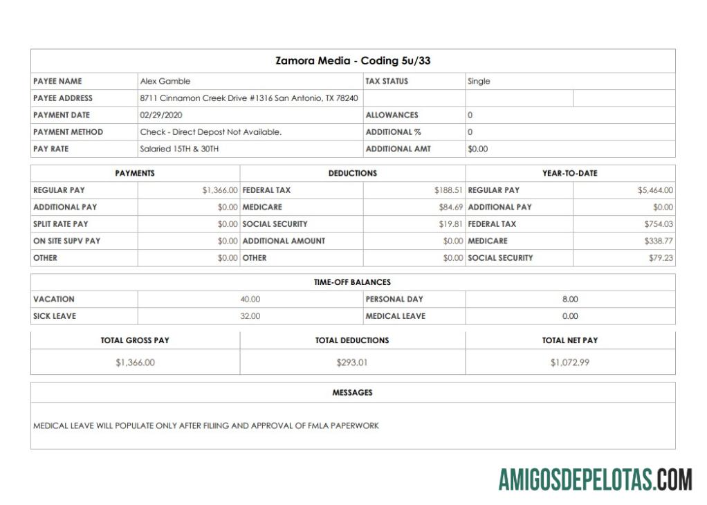 Recibo de pagamento da codificação de mídia Zamora amostra